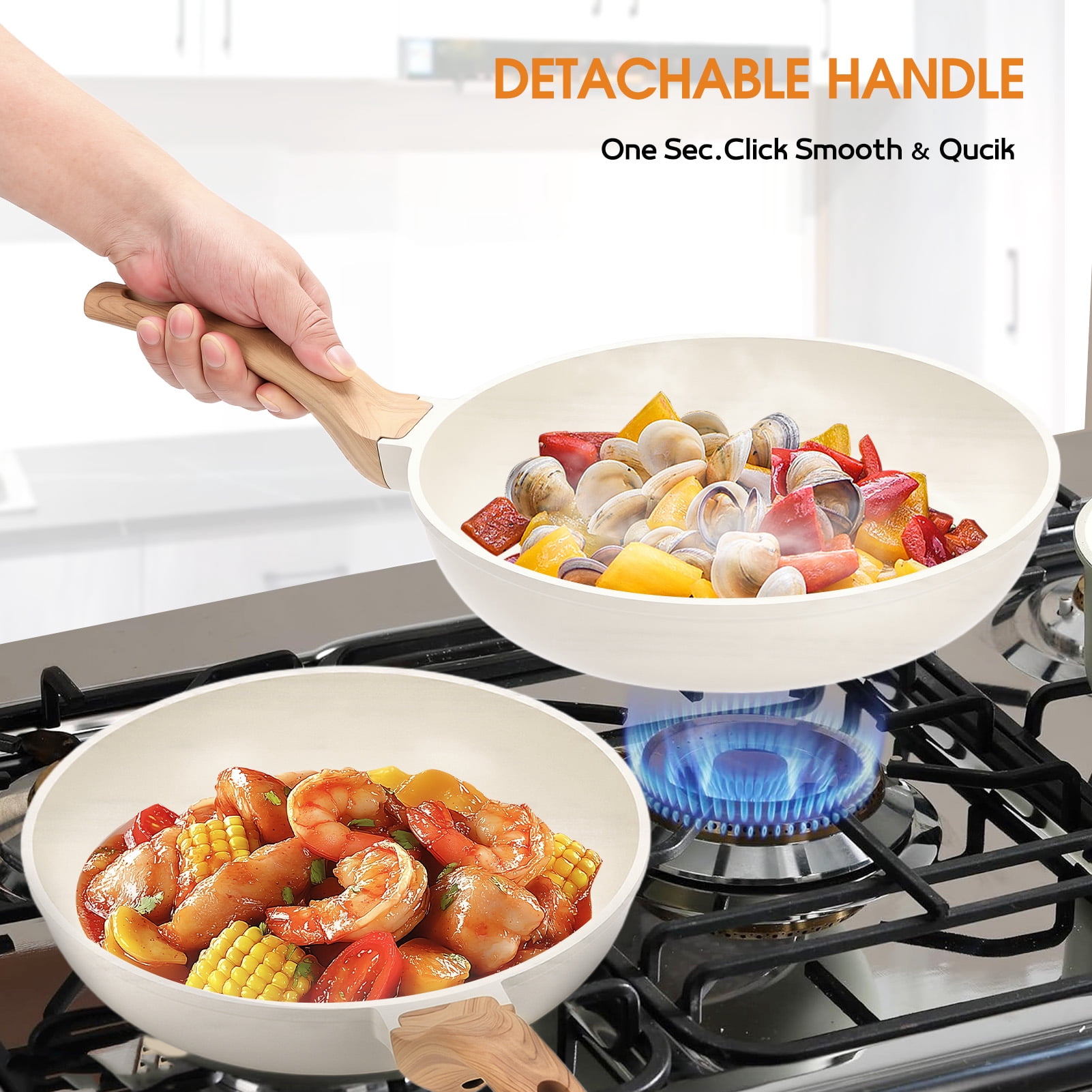Ceramic Nonstick Pots and Pans Set, 14Pcs Healthy Non Stick Cookware Set with Pots Protectors, Induction Kitchen Cookware Sets White