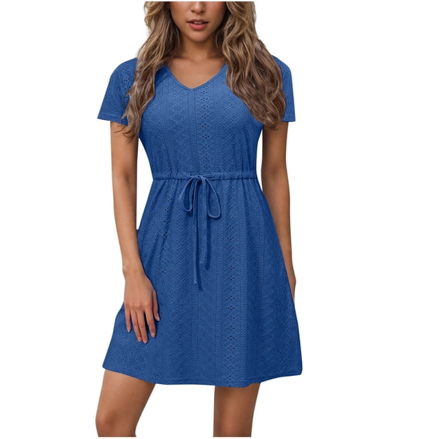 Dvprdro Robe d'Été Décontractée Unie à Manches Courtes pour Femme, Mode Élégante, Col en V, à Nouer, Robe Courte de Plage et Soleil