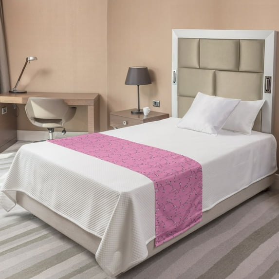 Floral Bed Runner, Continuous Pattern of Hand Drawn Herbs and Flowers Botanical Blooming, Decorative Accent Bedding Scarf for Hotels Homes and Guestrooms, Twin, Pink Eggplant and White, by Ambesonne