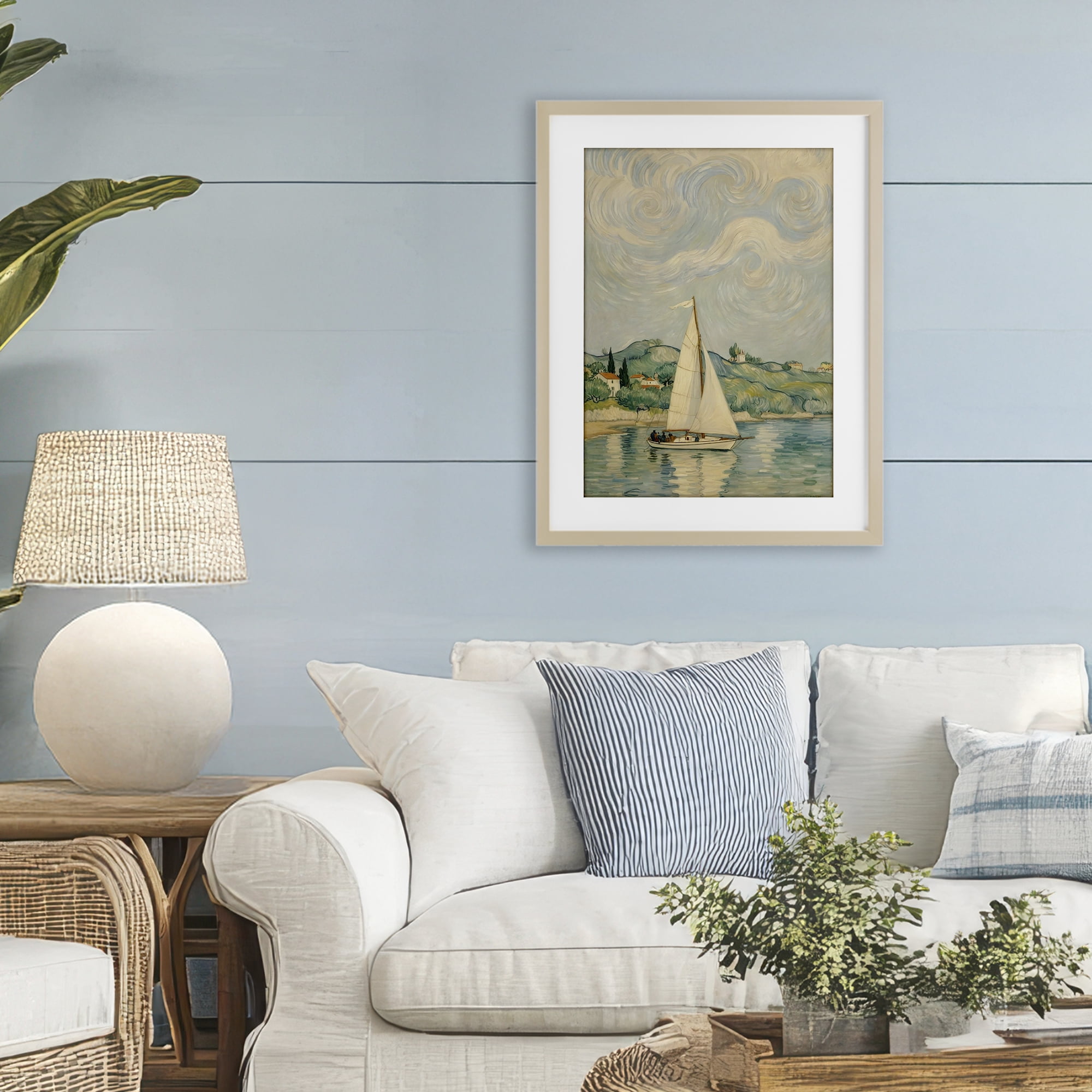 Stupell Industries Sailboat Beneath Swirling Clouds Birch Framed Print Under Glass, design by Angie Hawke