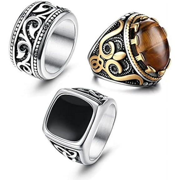 3Pcs Stainless Steel Signet Biker Rings for Men,Retro Vintage Tiger Eye Stone Mens Ring, Black Celtic Knot Band Rings Size 7-14