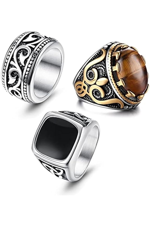3Pcs Stainless Steel Signet Biker Rings for Men,Retro Vintage Tiger Eye Stone Mens Ring, Black Celtic Knot Band Rings Size 7-14