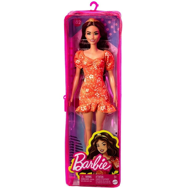 Barbie Fashionistas muñeca #182 vestido estampado naranja con largo ondulado morena Barbie muñeca jugar casa vestir juguete niñas regalo HBV16 xuanjing unisex