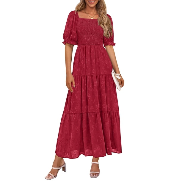Vestido PRETTYGARDEN Verano 2025 Midi Cuello Cuadrado Rojo XXL