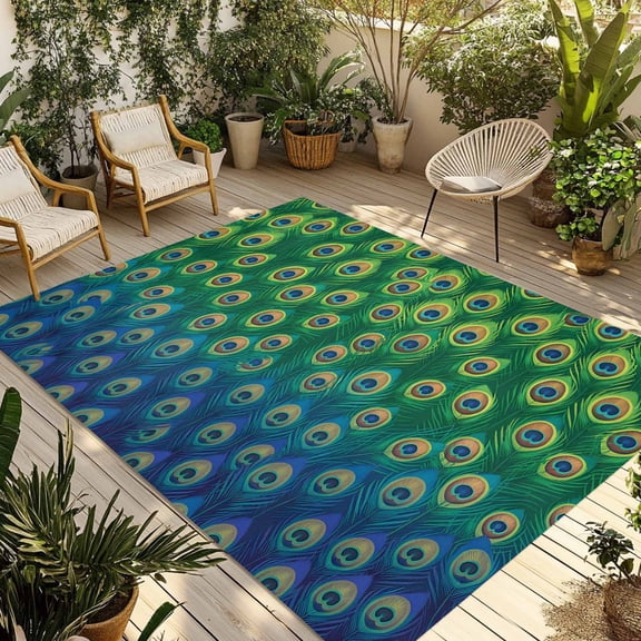Peacock Feathers Outdoor Rug for Patio/Deck/Porch, Non-Slip Large Area Rug 4 x 6 Ft, Ombre Blue Green Modern Animals Printed Indoor Outdoor Rugs Washable Area Rugs, Camping Rug Carpet Runner