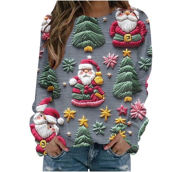 qucoqpe Womens Christmas Crewneck Sweatshirt Long Sleeve Graphic Printing Pullover Sweater Shirts for Women