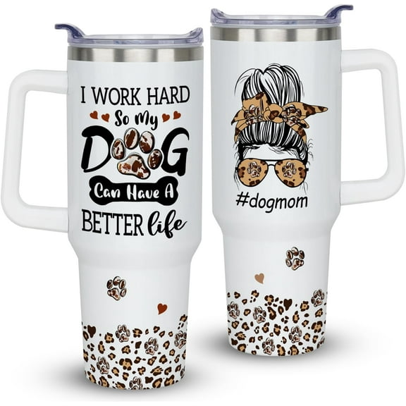 Dog Mom Mothers Day Birthday Christmas Dog Lover Gifts for Women, 40 oz Dog Mom Cup Tumbler with Handle Lid and Straw
