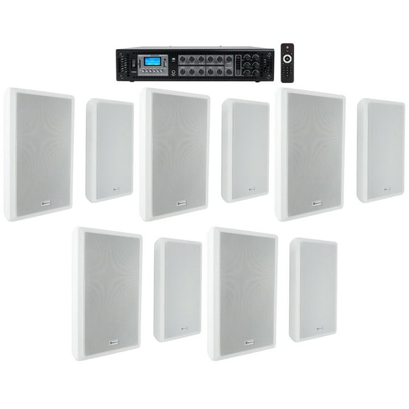 Rockville 6-Zone 70v Amplifier (10) Slim White Restaurant/Bar/Cafe Wall Speakers