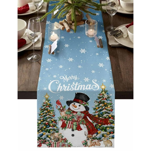 Blue Snowman Christmas Dresser Scarf Farmhouse, Dining Table Decorations for Wedding/Parties, Gifts Xmas Tree Winter Snowflake Table Runner 90 Inches Long for Kitchen Dining, 13 x 90 In