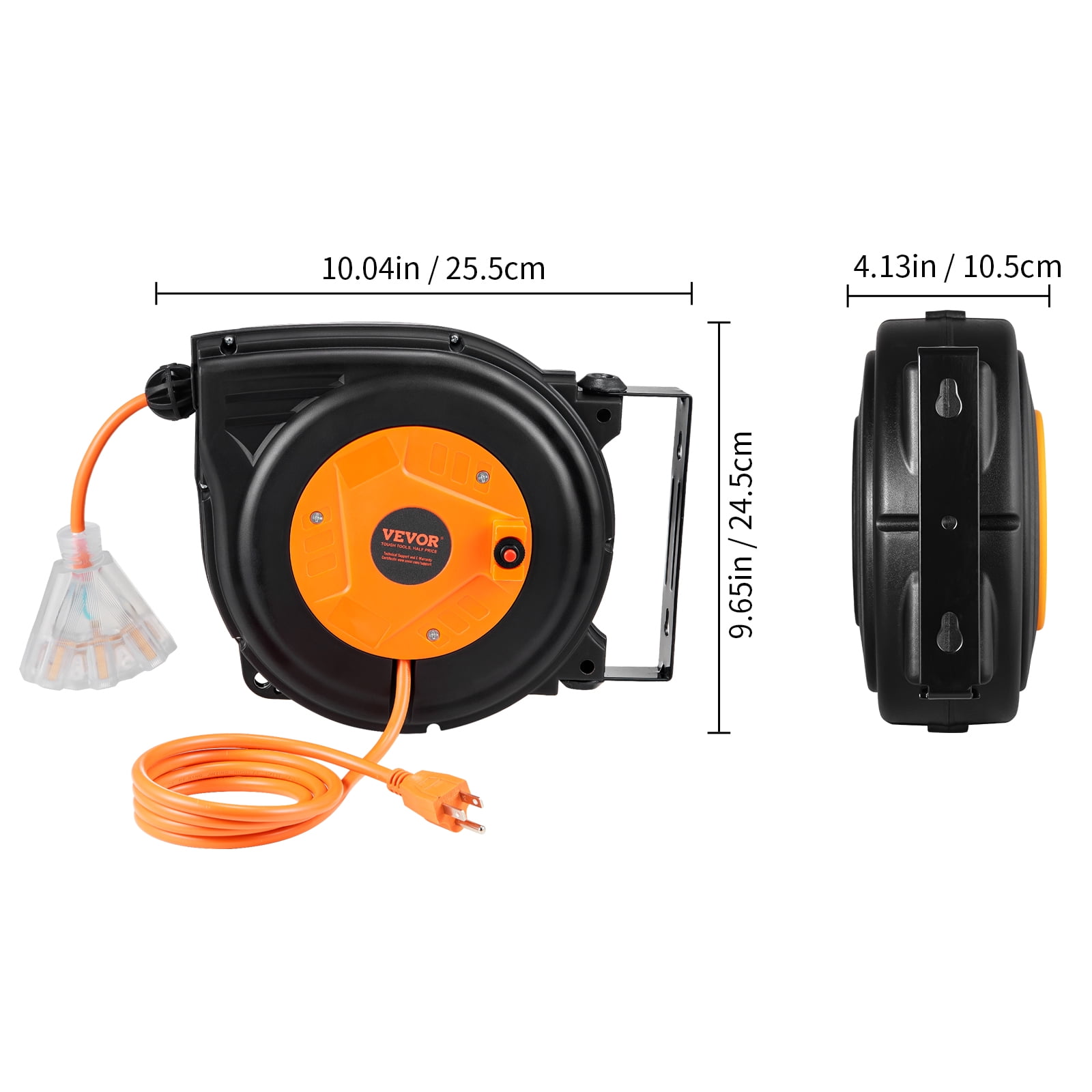 VEVOR Retractable Extension Cord Reel, 30 FT, Heavy Duty 16AWG/3C SJTOW Power Cord, with Lighted Triple Tap Outlet 10 Amp Circuit Breaker, for Ceiling or Wall Mount Garage and Shop, ETL Listed