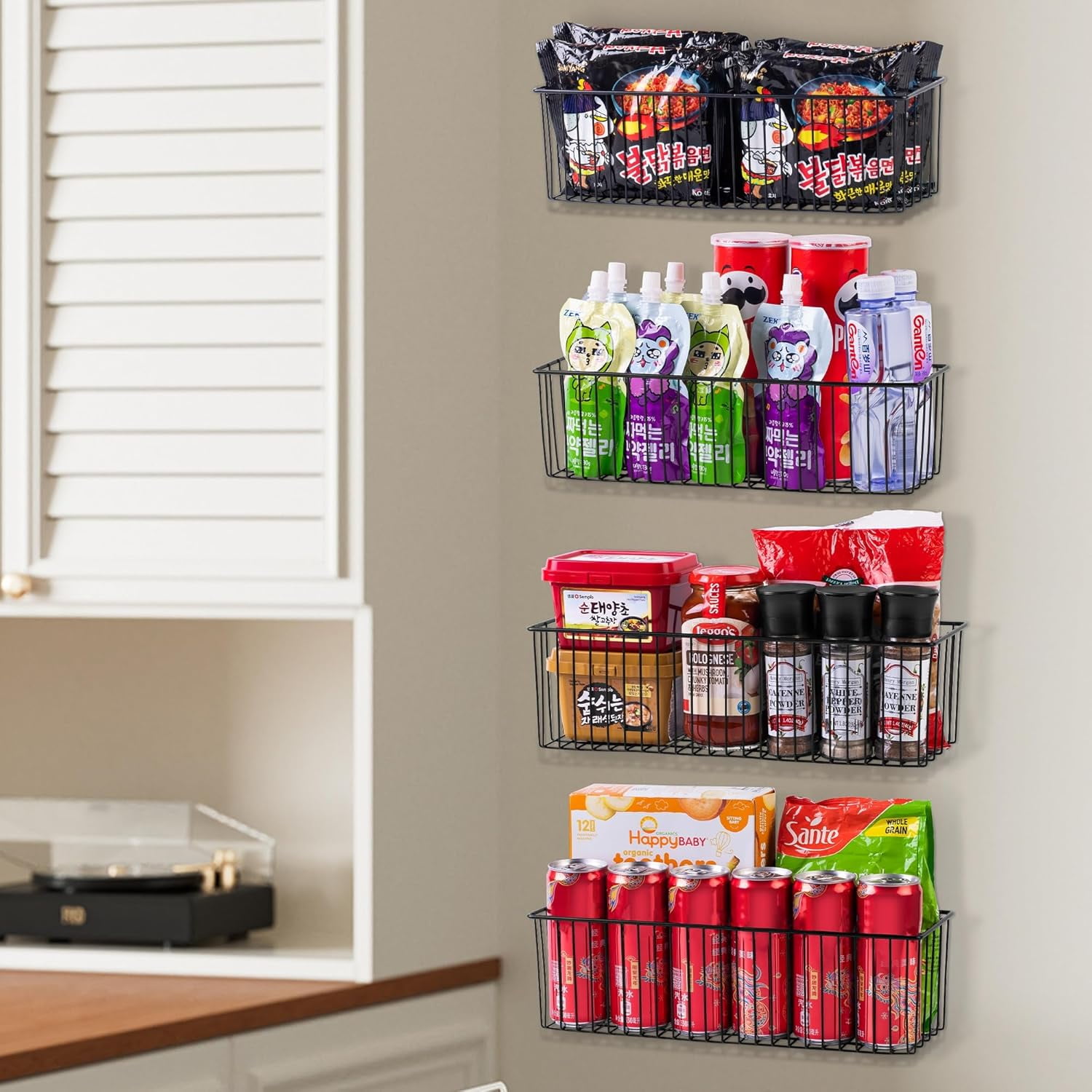 Wetheny Black Wire Basket Wall Mounted(4 Pack) - Metal Toilet Paper Storage Basket - Rectangular Wire Baskets for organizing Kitchen,Bathroom,Countertop