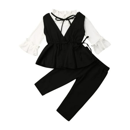 Fortune Little Girl 3PCS Set Ruffle Neck Top Shirt Waist Straps