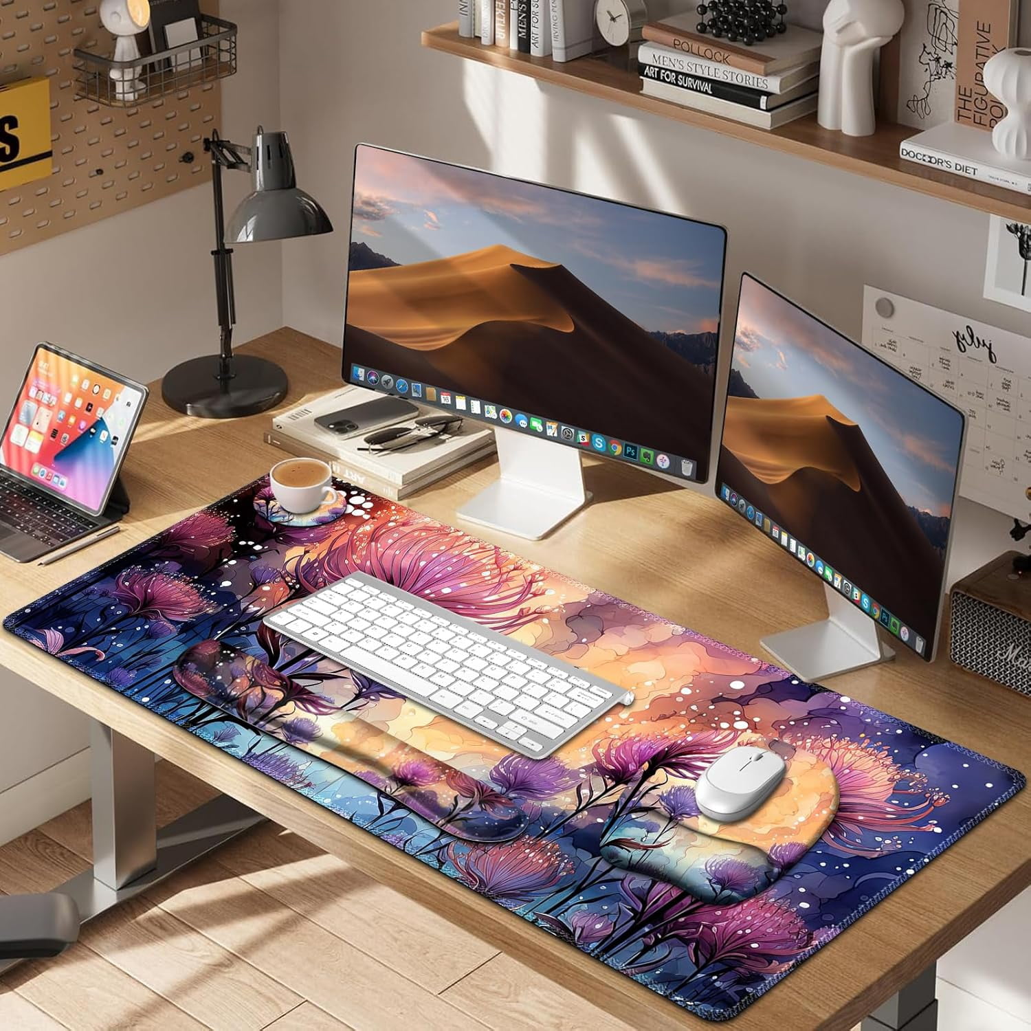 4 in 1 Large Mouse Pad, Keyboard Wrist Rest Set, Ergonomic Mouse Pad with Wrist Support, Desk Mat with Stitched Edges, Extended Desk Pad Waterproof Desk Mat for Home Office I Blossom Purple Flower