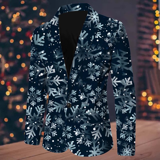 Men Christmas Snowflake Santa Printed Pocket Lapel Button Suit Jacket