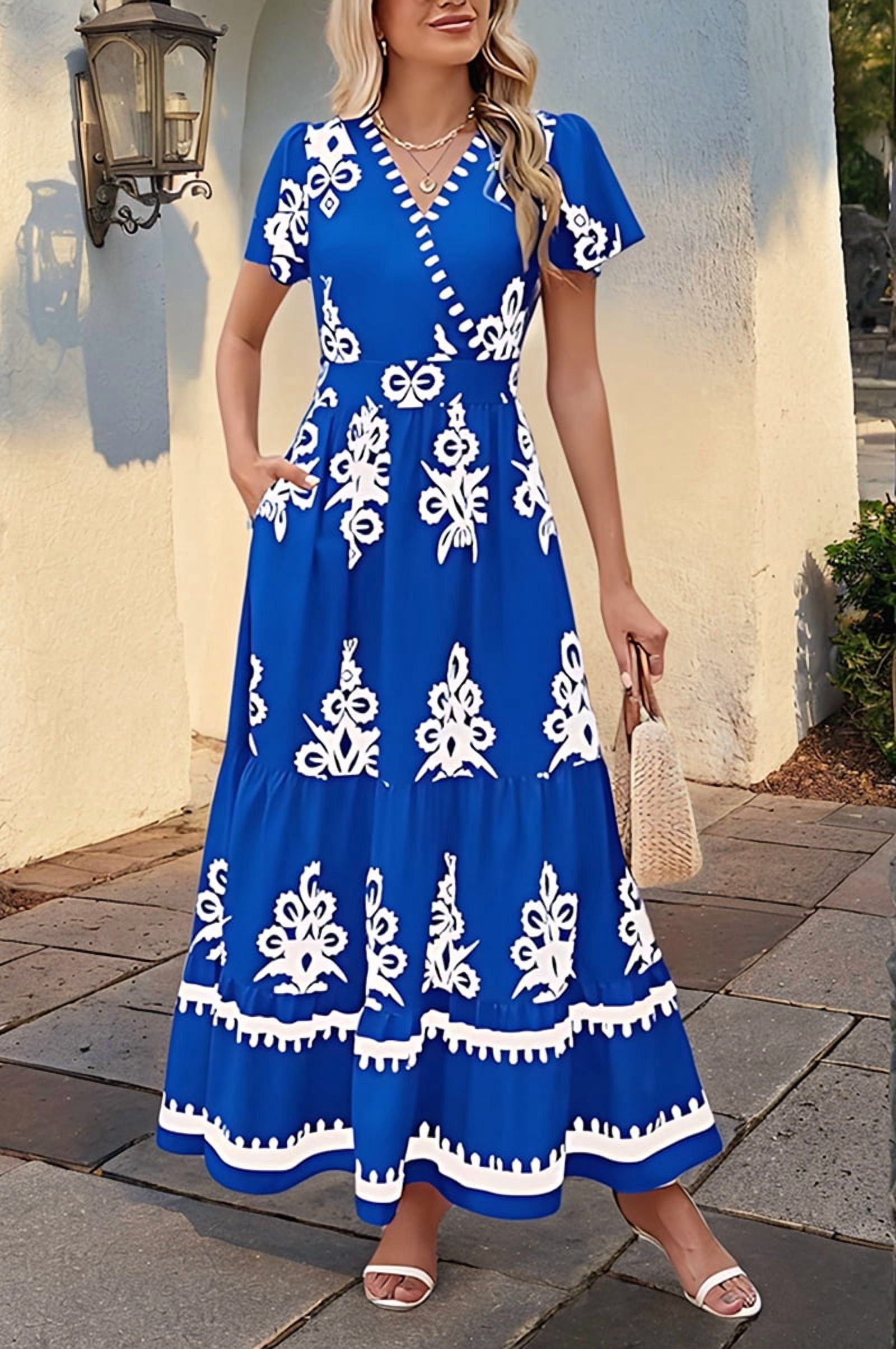 Womens 2025 Summer Casual V Neck Boho Maxi Dress Flowy Aline Bell Sleeve Tiered Floral Dresses with Pocket Blue L