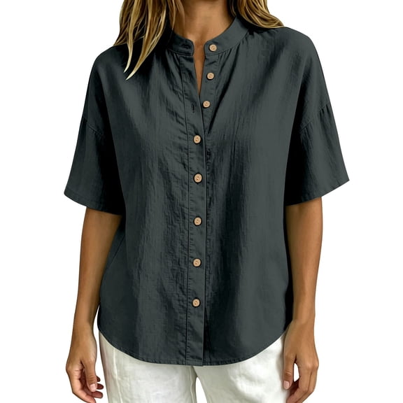 Zpanxa Womens Button Down Shirt Band Collar Short Sleeve Loose Fit Casual Solid Color Blouses for Summer