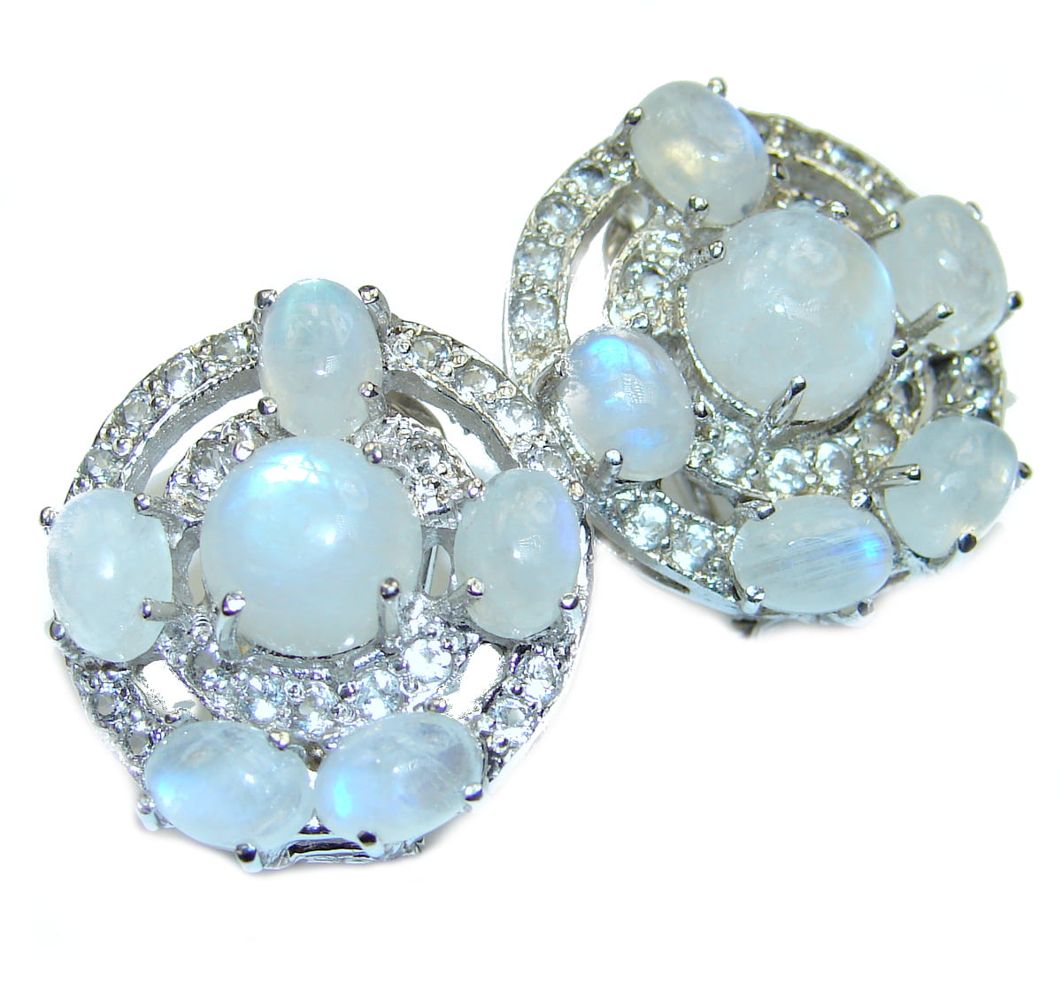 925 Silver Plated 2 Inch LARGE Earrings Real RAINBOW MOONSTONE 2 Gems 