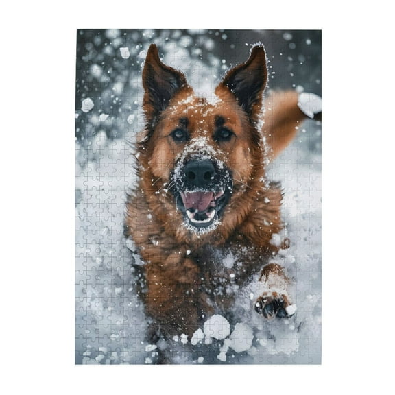 German Shepherd Running Snow 500-Piece Wooden Jigsaw Puzzle for Adults, Fun & Challenging Family Game, Stylish Wall Decor & Holiday Gift