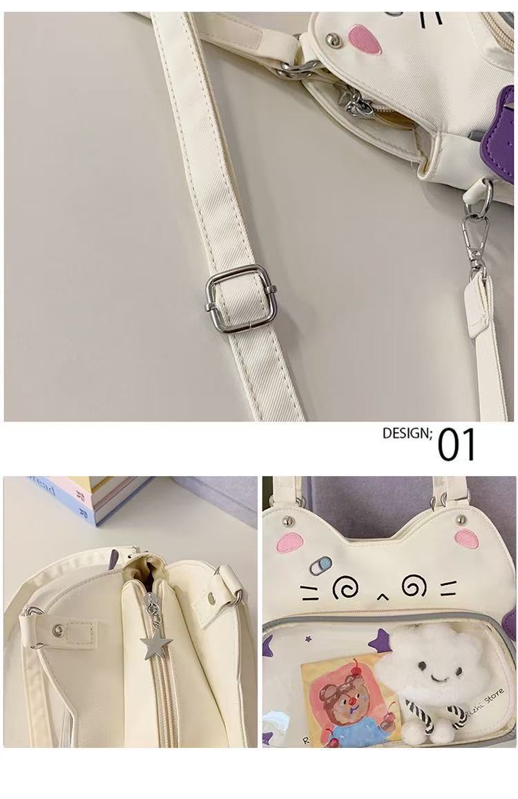 Baguery Kawaii Ita Bag Backpack - Nylon, Cute Cat Insert, Clear Front Pocket, Shoulder/Crossbody, for Otaku Goods/Anime Comic Con