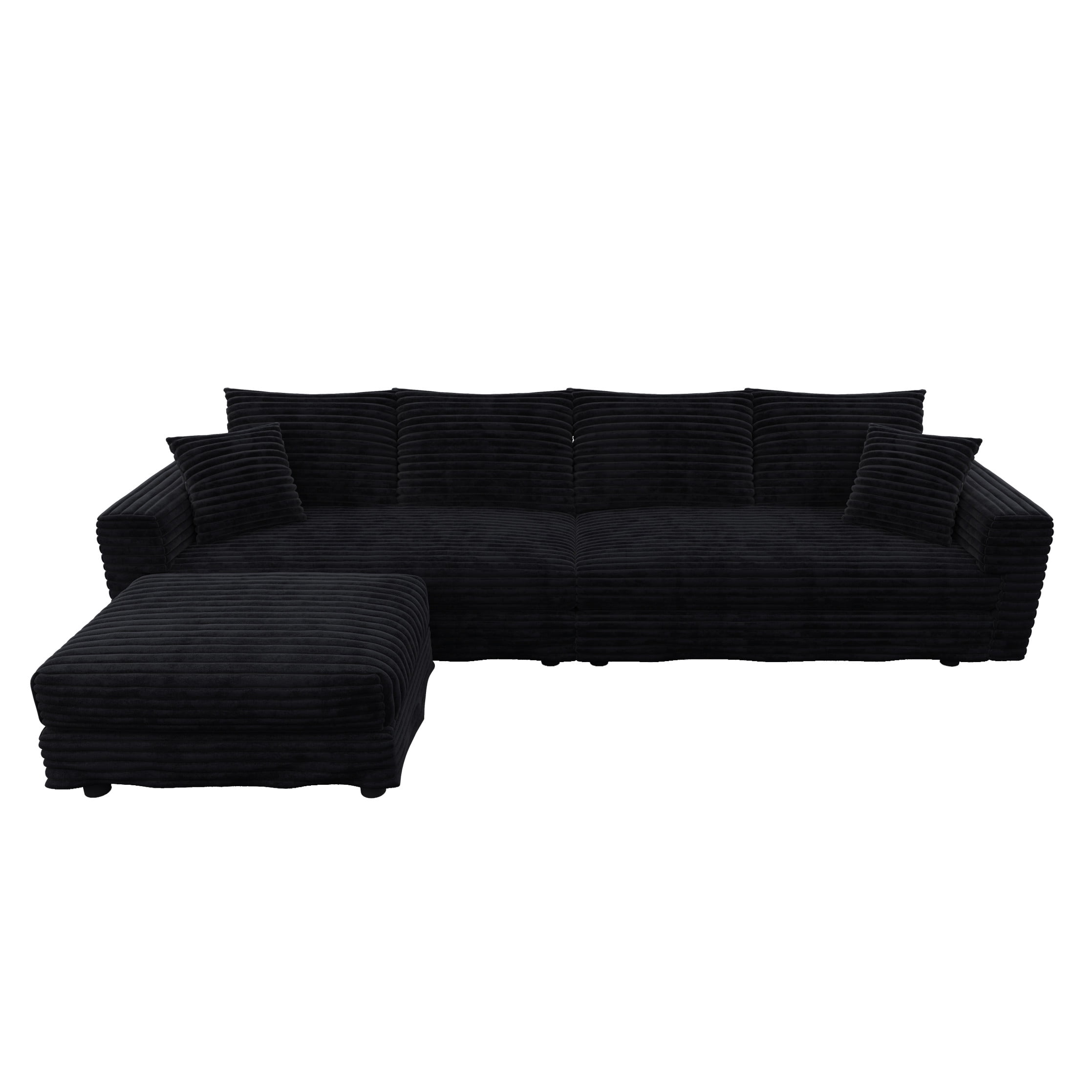 Noble House Nesta 4-Seat Plush Corduroy Cloud Sofa, Convertible Deep Seat Lounge Couch with Ottoman & Soft Pillows, Black