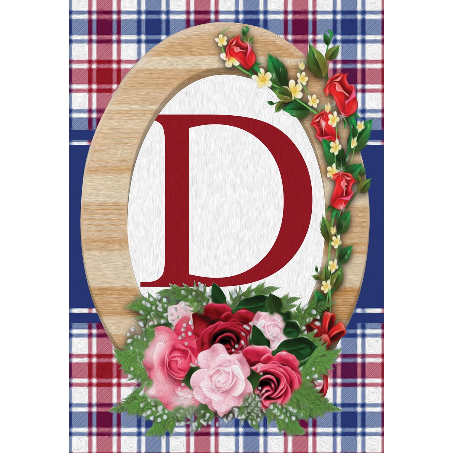 America Forever Monogram D House Flag, 28 x 40 inch Double Sided, Letter D with Roses, Floral Initial Flag, Plaid Background, Personalized Yard Decor