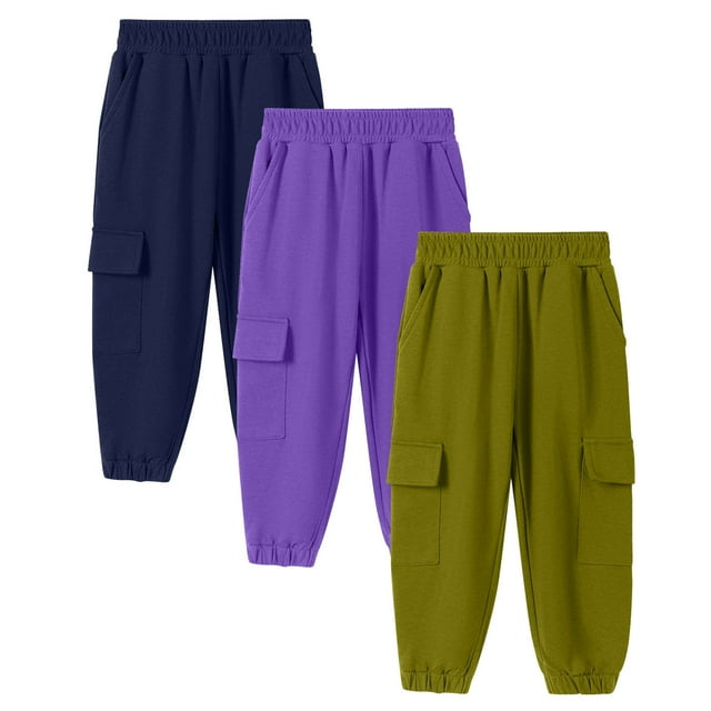 Cowsor Children's 3PC Solid Color Sweatpants - Elastic Waist with Side Pockets, Slim Sports Pants for Active Kids, Daily Playdates & Sports, Value Pack for 4-14 Years