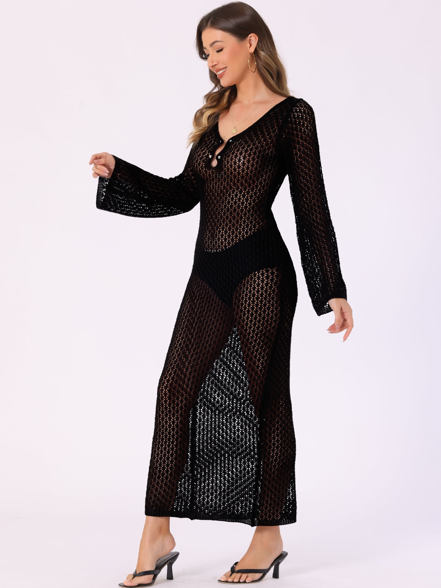 DARING DIVA Beach Cover Ups Long Sleeve Swim Bathing Dress S Black