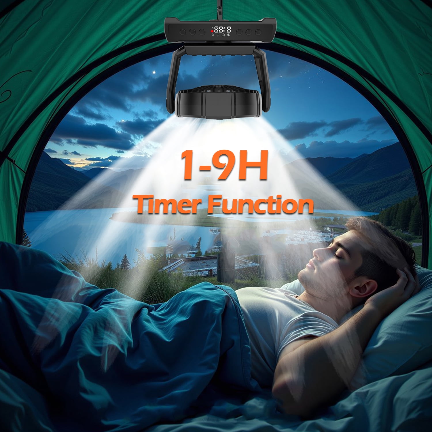 IC ICLOVER Camping Fan with LED Lantern Light, Rechargeable 20000mAh Battery Operated Portable Fan, Auto Oscillation Remote Control Timer Desk Fan for Tent, Travel, BBQ, Fishing, Black