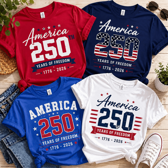 Olvira02 Unisex 250 Years of Freedom 1776-2026 American Flag Patriotic Family Matching Graphic T-Shirt