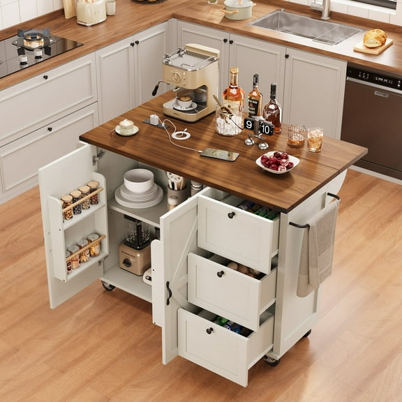 ​​54.5" White Farmhouse Kitchen Island with Power Outlet & Drop Leaf - Mobile Storage Cart with Spice Rack, Wheels for Home & Dining Room