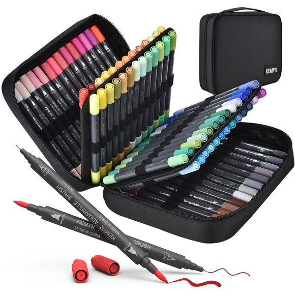 KEMYR Marqueurs pour Livres de Coloriage pour Adultes : Ensemble de 80 Couleurs Marqueurs à Double Pointe Stylos Fins & Pinceau Marqueurs d'Art à Base d'Eau pour Adultes Dessin Croquis Bullet Journal Écriture Lettrage Sans Bavure