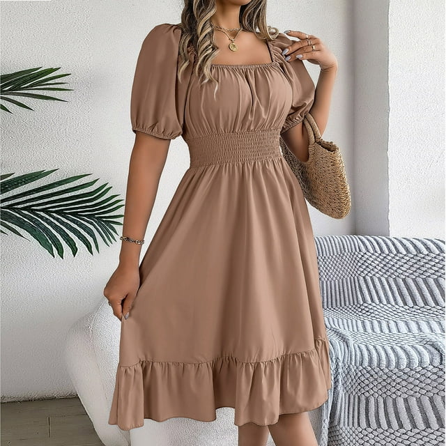 Robe d'Été pour Femmes, Robe pour Femmes, Robe d'Été Décontractée à Manches Courtes, Taille Cintrée, Couleur Unie