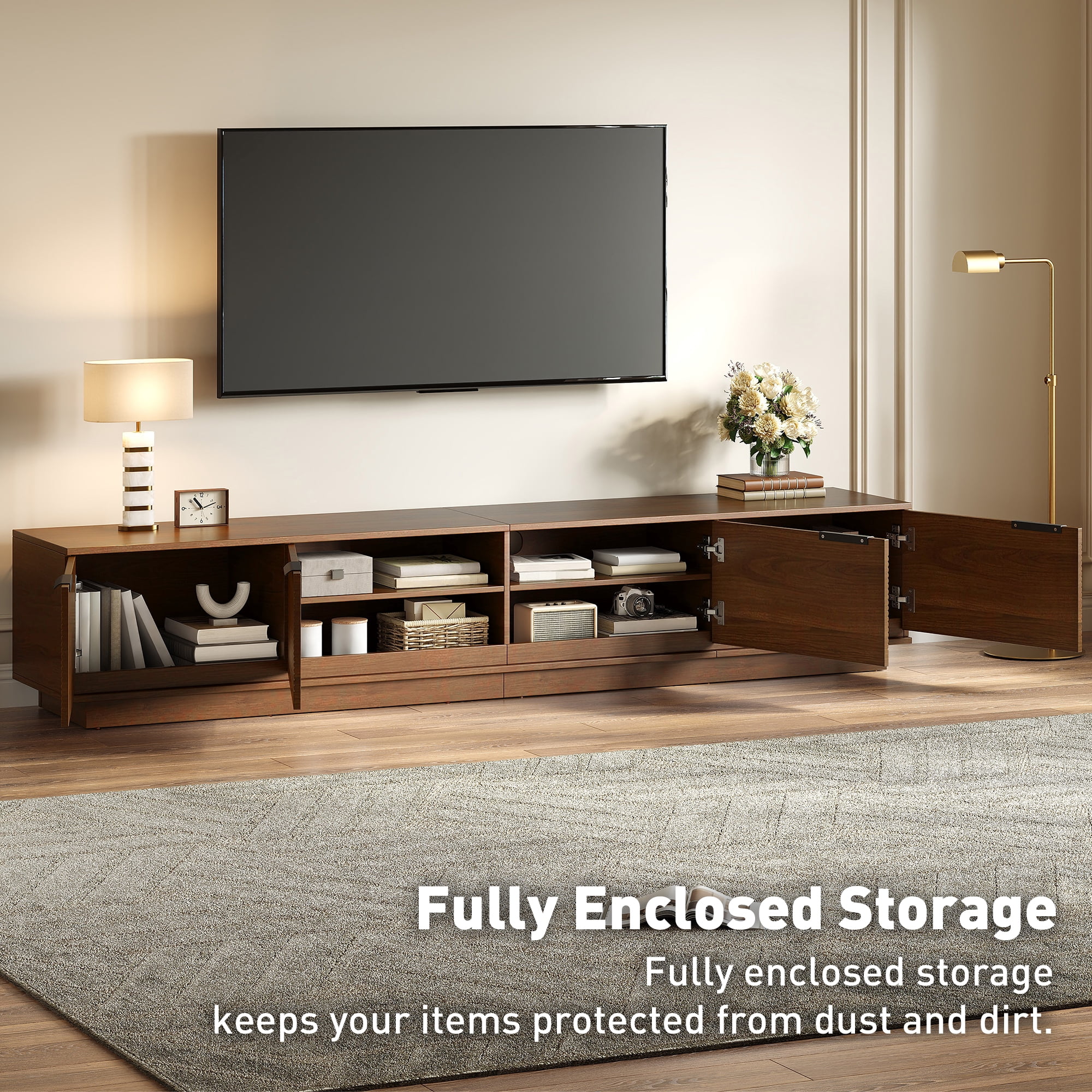TV Stand for TVs up to 85 Inch, Entertainment Center with Fluted Doors & Cable Management, Media Console with Soft-Close Hinges for Living Room