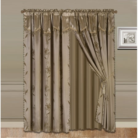 - NADA TAUPE TAN COMPLETE WINDOW CURTAIN SET 2 panels faux silk LEAF FLORAL 2 PANEL solid SHEER 2 attached VALANCE 2 TASSEL THICK HEAVY WINDOW CURTAIN drape 63
