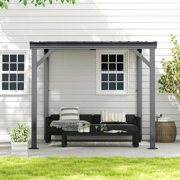 8'x 8' Lean to Gazebo, Outdoor Hardtop Wall Mounted Gazebo with Upgraded Drainage System and Sloping Galvanized Steel Roof  for Patio Deck Backyard Lawn (Gray)