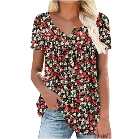 

Ecqkame Women Scrubs Top Clearance Women s Summer Tunic Round Neck Floral Printed T-Shirts Casual Short Sleeve Blouse Pleated Tops With Ruffle Hem Watermelon Red XL