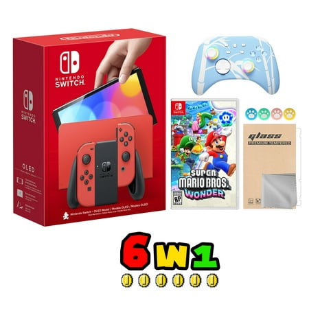 Nintendo Switch OLED Mario Red Edition Joy Con 64GB Console HD Screen & LAN-Port Dock with Super Mario Bros. Wonder, Mytrix Blue Wireless Switch Pro Controller & Accessories -JP Version Region Free