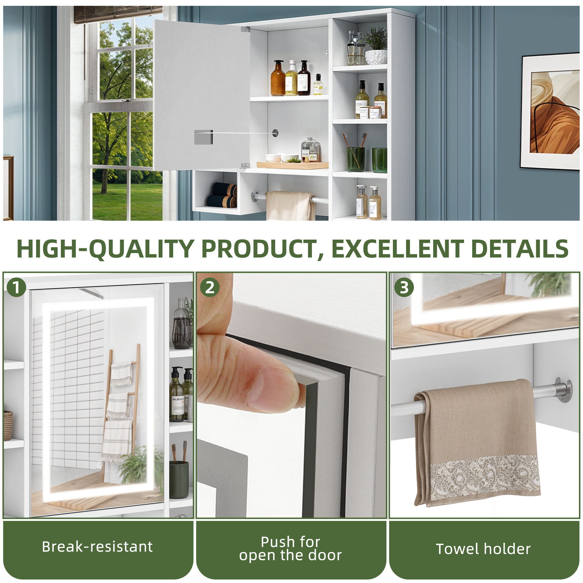 Uforic Wall Mount Medicine Cabinet with LED Lights & Mirror for Bathroom Storage, White