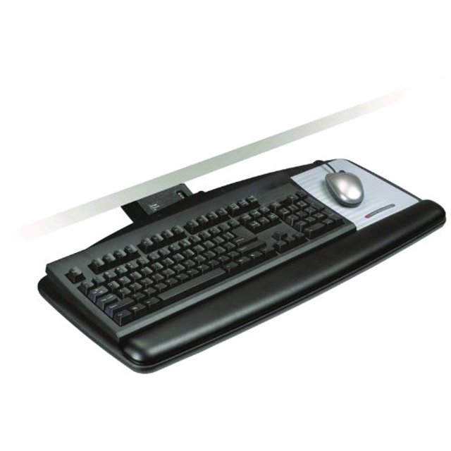Plateau de Clavier Assis/debout de 3M, Tournez Simplement la Poignée pour Ajuster la Hauteur et l'Inclinaison, Plateau Robuste Comprend un Repose-Poignet en Gel et un Tapis de Souris Précis, Plateau Pivotant et Se Range sous le Bureau, Piste de 23 Pouces, Noir (AKT170LE)