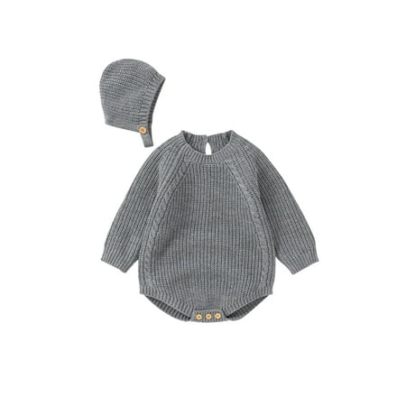 

Beiwei Infant Warm Crew Neck Romper Hats Set Solid Color Cute Two Piece Outfits Knitted Travel Hat And Jumpsuit Sets Grey 74