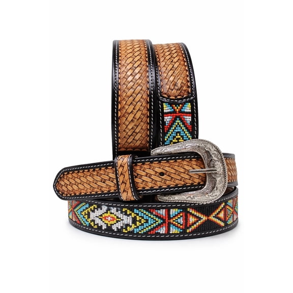 37-38   Western Antique Basket Weave Tooled Beaded Full-Grain Leather Belt 26FK49