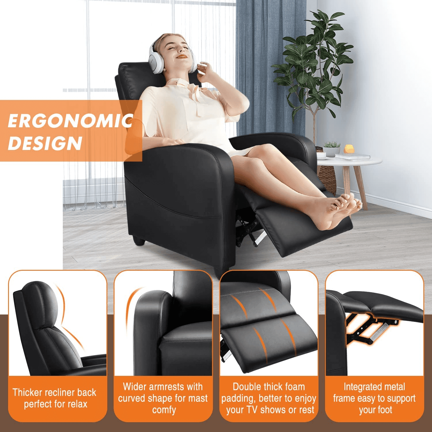 Manual Recliner Chair Sofa with Massage and Heating, Overstuffed Push Back Reline Chair, Lumbar Support Home Theater for Living Room, Black