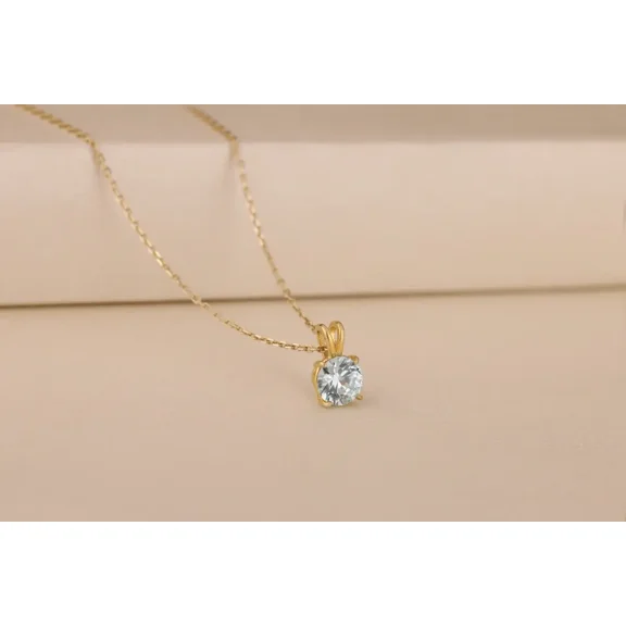 2CT Round Cut Aquamarine Solitaire Pendant Necklace with Chain | 14K Yellow Gold Plated 925 Sterling Silver | Classic Jewelry Gift for Women