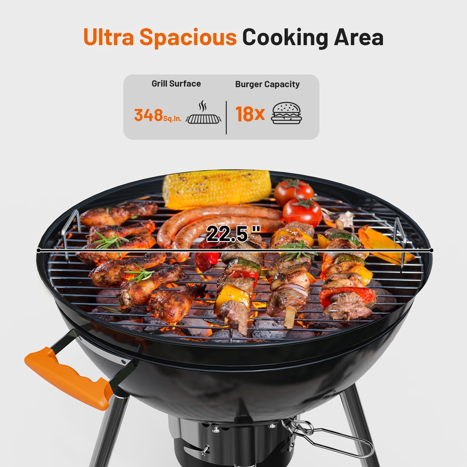 KEYO GRILL 21 in. Kettle Charcoal Grill with Foldable Side Table & Removable Ash Catcher,Thermometer,Black