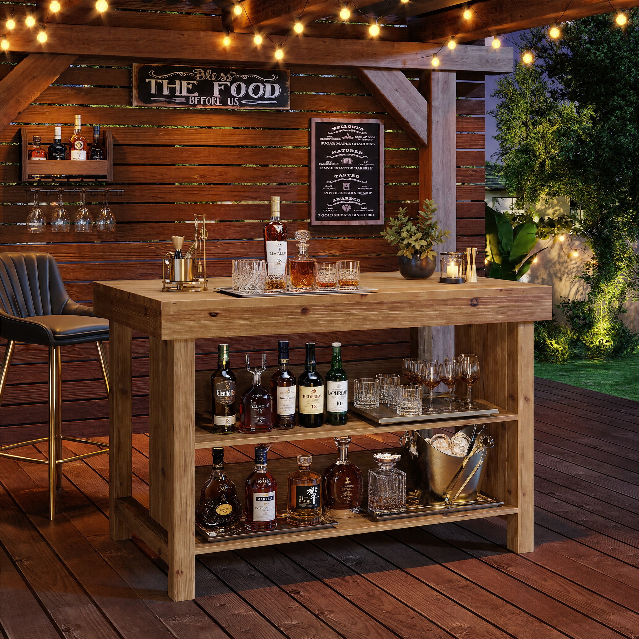 Fnova 55" Solid Wood Bar Cabinet, 3-Tier Farmhouse Home Bar Unit with Open Storage Shelves for Dining Room, Living Room, Basement, Brown