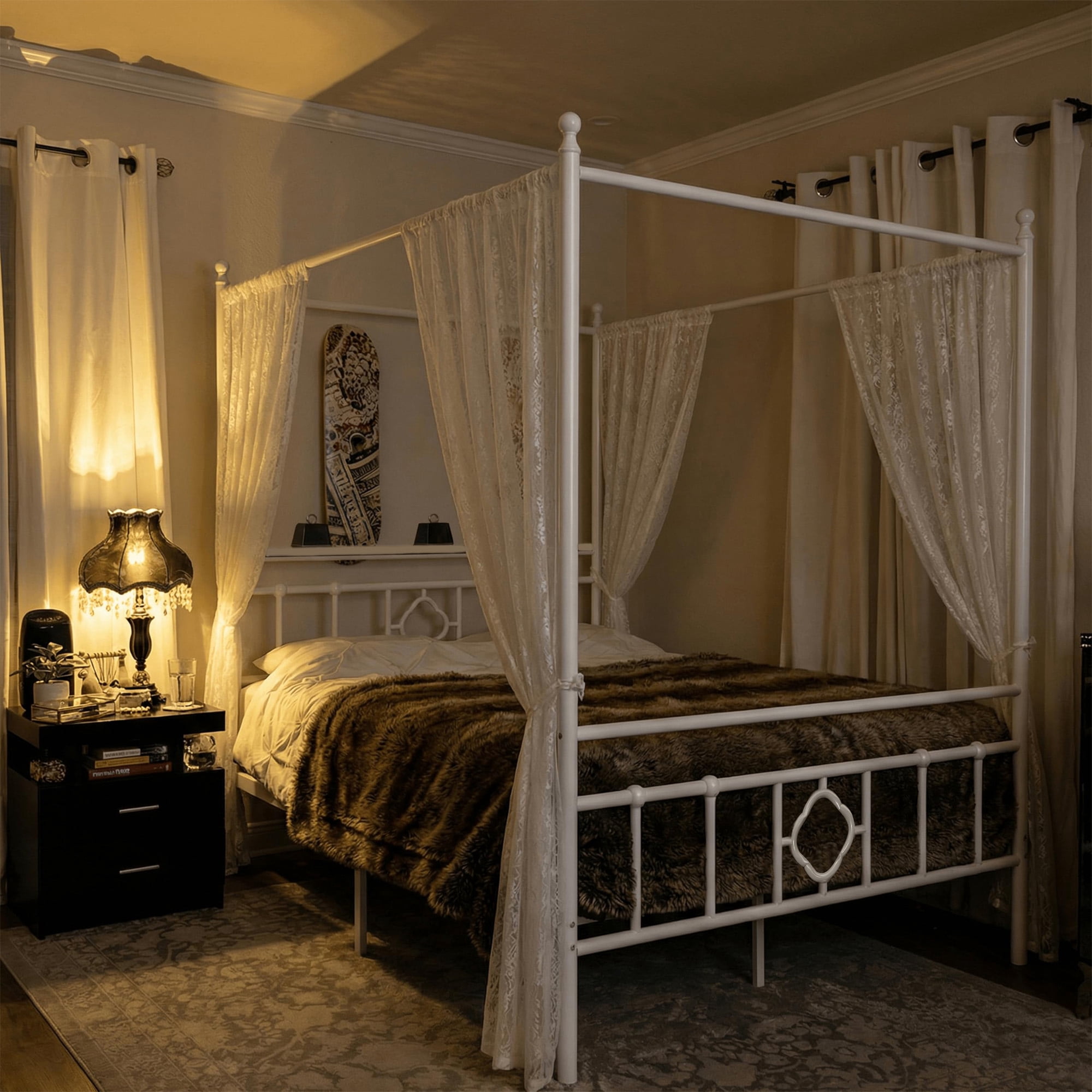 EnHomee Queen Size Canopy Bed Frame with Headboard Canopy Metal Bed Frame with 4 Removable Posts Platform Metal Canopy Bed, Curtain Not Included, White