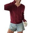 thumbnail image 2 of Females Cable Knit Sweaters Long Sleeve V Neck Sweater Tops Casual Pullover Shirts Fall Fashion Outfits Wine Red M, 2 of 7