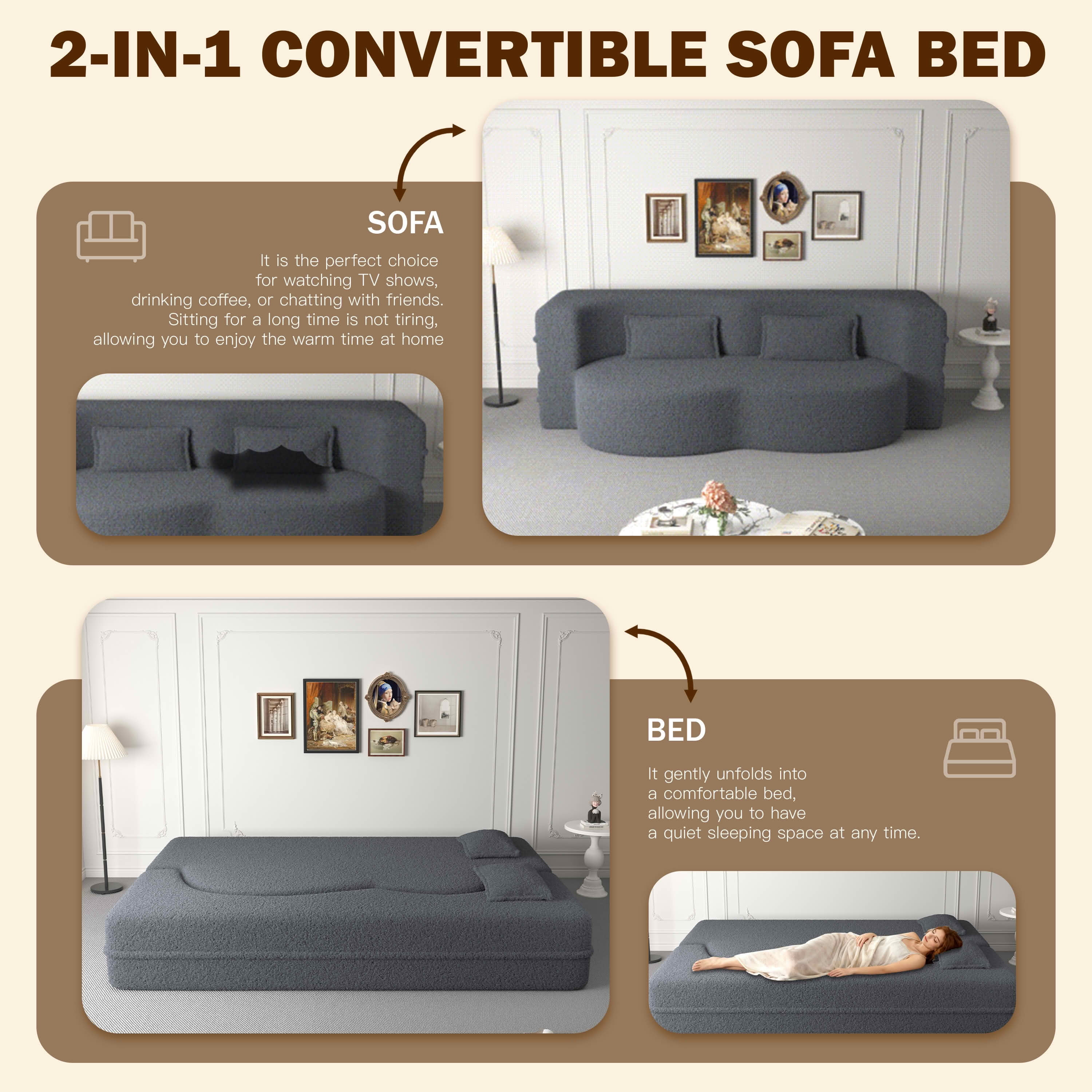 MAYEERTY Sherpa Floor Sofa Bed, Full Size Foldable Foam Sleeper Mattress with 2 Pillows, Zero Assembly Space Saving Guest Bed