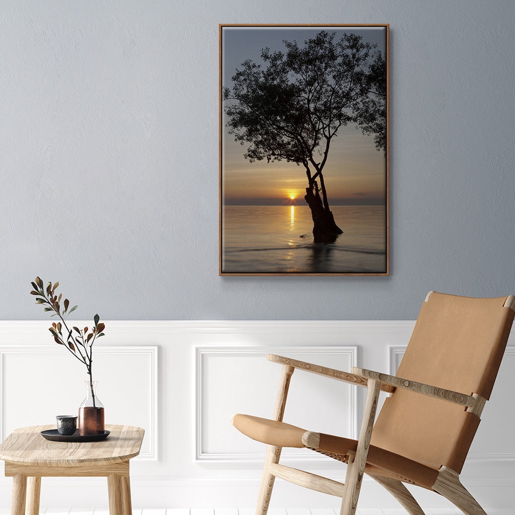 Sunset Silhouette Framed Premium Gallery Wrapped Canvas - Ready to Hang - 17 x 25 - Walnut Floating Frame