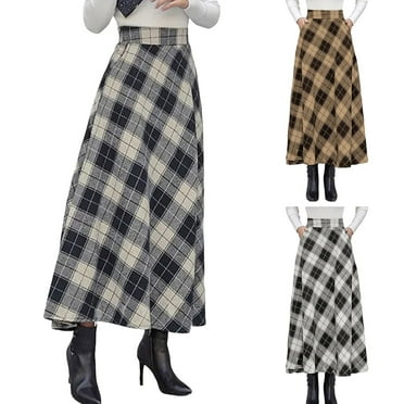 larppty Womens Plaid Skirts Elastic Waist A-Line Pleated Tartan Long Skirts（Brown，XL）